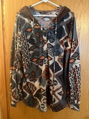 HEIMISH USA Women's Geometric Hooded Cardigan - Brown, Gray & Rust